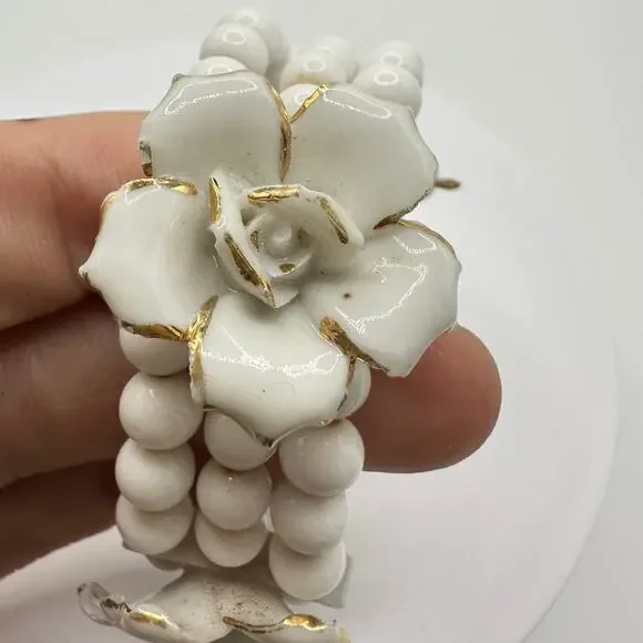 Vintage Japanese porcelain white milk glass beads beaded wrap cuff bracelet - Picture 6 of 12